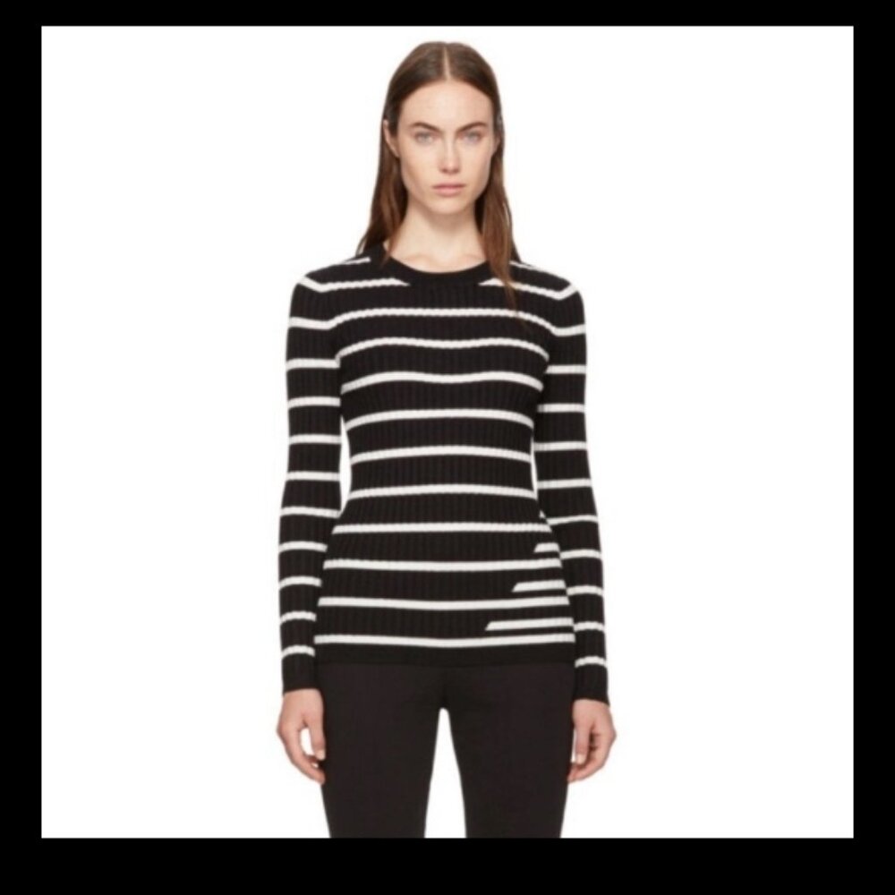 T Alexander Wang Black White Striped Fitted Rib Pullover Wool Silk Size Xs Euc